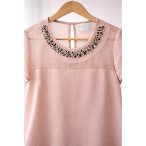 Madison Marcus Silk Embellished Neck Blouse Sheer Yoke Minimalist Elegant Top